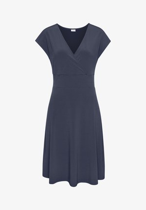 Vestido azul marino con escote en V, mangas cortas y un corsé ajustado que se transforma en una falda tipo A. Hecho de material elástico, costuras planas.