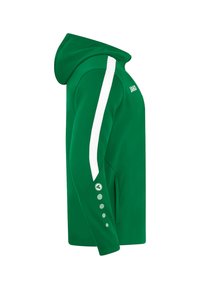 Grüne Kapuzen-Sweatshirt mit weißen Seitenstreifen, glatter Textur, tailliertem Design und Logodetail an der Schulter sowie dekorativen Knöpfen am Ärmel.