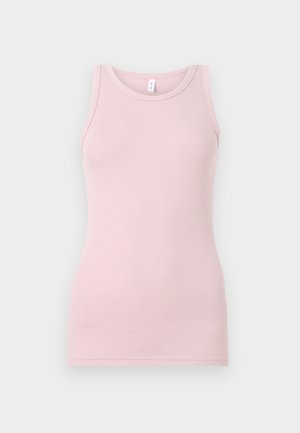 Top de alças rosa claro feito de um tecido macio e elástico. Apresenta um decote redondo e alças finas, com uma textura suave e um corte justo.