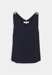 Marineblå ärmlös topp med V-ringning, med guldfärgad detaljer på axelbanden. Slätt tyg med en avslappnad passform och rundad nederkant.