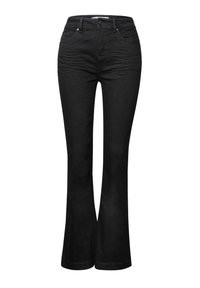 Jean noir évasé en denim, avec une taille mi-haute, un design à cinq poches et des détails cousus le long des poches et des coutures.