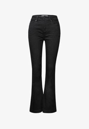 Vaqueros negros acampanados de denim, con una cintura de altura media, diseño de cinco bolsillos y detalles de costura a lo largo de los bolsillos y las costuras.