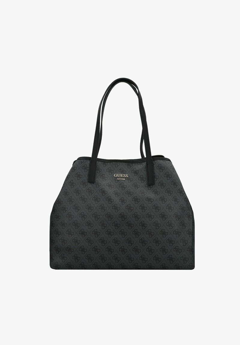 Sac cabas noir Guess avec doubles bretelles et motif logo répétitif, avec "GUESS EST 1981" en argenté au centre avant.