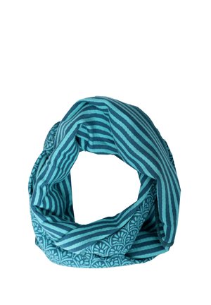 Turquoise scarf featuring alternating stripes and a floral pattern at the base. Made of soft fabric with a continuous loop design.