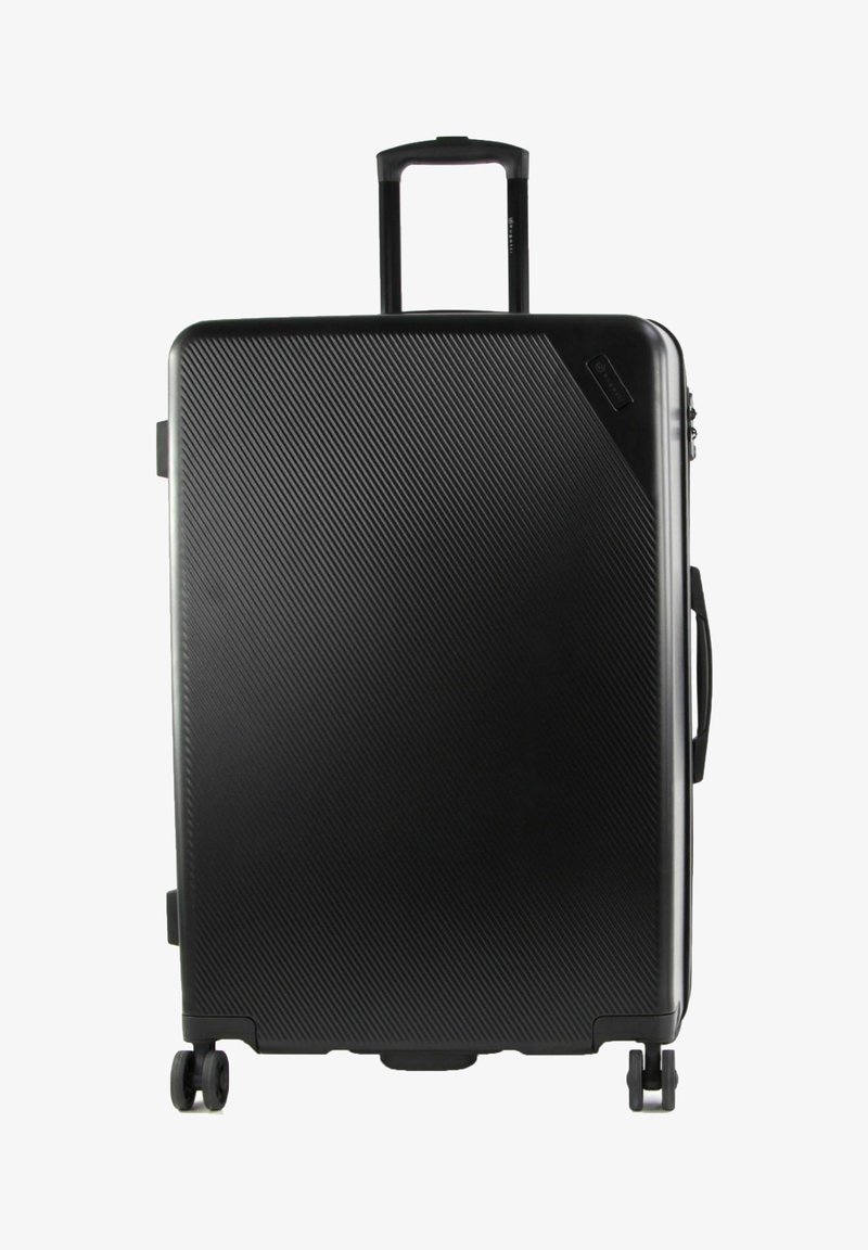 Schwarzer Hartschalenkoffer mit strukturiertem diagonalen Muster, teleskopischem Griff und vier Rollen für einfache Mobilität. Kompakte und robuste Bauweise.