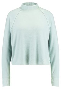 Lichtgroene cropped pullover met een hoge opstaande kraag, ribbelmanchetten en zachte textuur. Heeft raglanmouwen voor een relaxte pasvorm.
