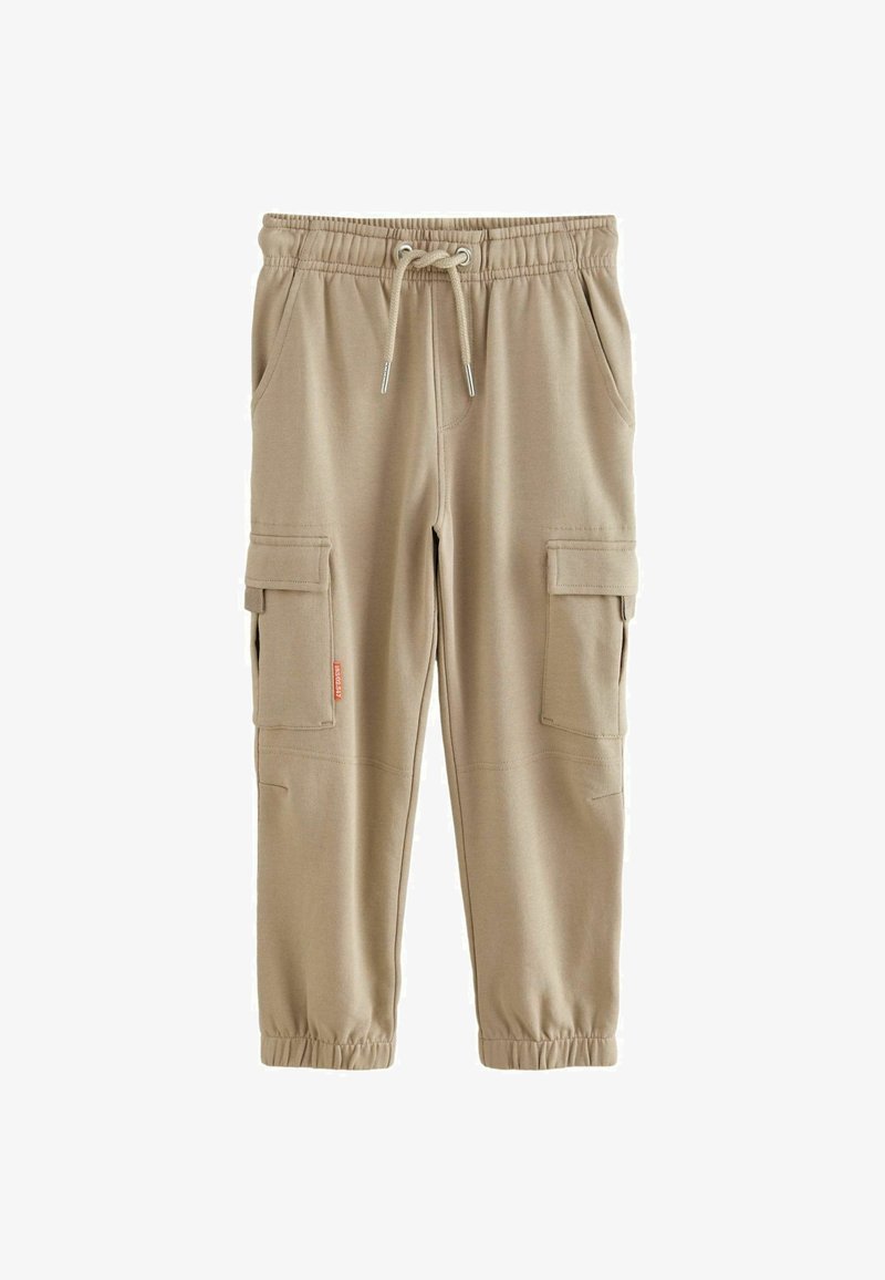 Kaki jogger nadrág, elasztikus derékkal, húzózsinórral, oldalsó zsebekkel és két cargo zsebbel. Puha anyag, sima textúrával.