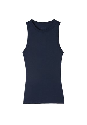 Top in tessuto a coste di color blu navy, con scollatura a girocollo e design senza maniche, dalla silhouette aderente e orlo dritto.