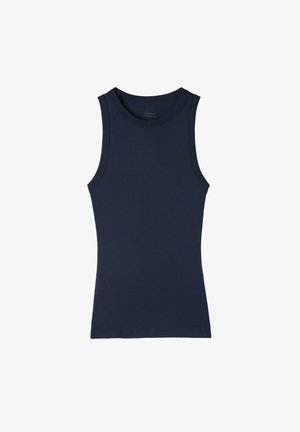Mörkblå tanktop i ribbad tyg, med rundad halsringning och utan ärmar, samt en figurnära silhuett och rak nederkant.