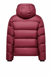 Giacca a vento maroon con cappuccio, caratterizzata da un design trapuntato e una fitta imbottitura. Texture liscia e polsini elasticizzati alle estremità delle maniche.