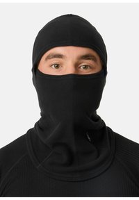 Sort balaclava lavet af blødt fleece-materiale, der dækker hovedet og nakken. Sømløst design med en tætsiddende pasform og ingen synlige detaljer.