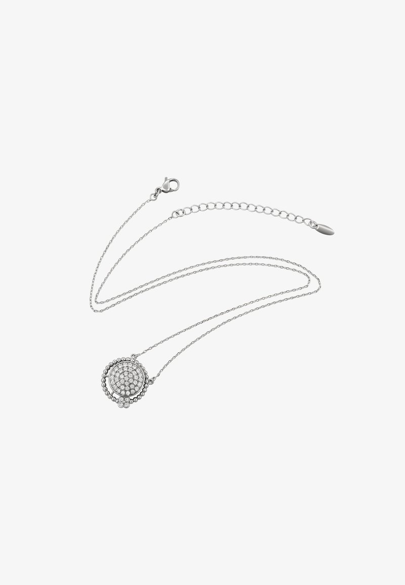 Sølv kædeting med en rund vedhæng, der har adskillige små funkende sten, perle detaljer og en krabbe-lås.
