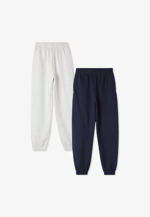 Due paia di pantaloni della tuta: uno grigio chiaro e uno blu navy, entrambi con vita e polsini elasticizzati, realizzati in tessuto morbido.