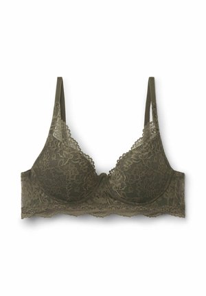 Olijfgroene kanten bh met geschulpte randen, beugel en verstelbare bandjes. Voorzien van een bloemenkantpatroon en een gladde stoffen voering.
