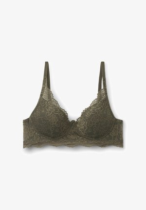 Olivgrüner Spitzen-BH mit gewellten Kanten, Bügel und verstellbaren Trägern. Verfügt über ein florales Spitzenmuster und ein glattes Stofffutter.