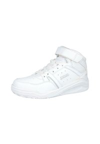 Zapatillas altas blancas de material sintético, con tobillo acolchado, sistema de cordones en la parte frontal y correa de velcro ajustable, con detalles perforados.