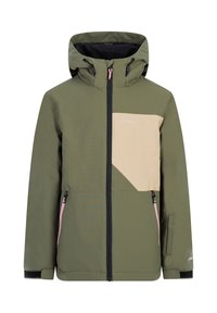 Groene winterjas met een beige accent op de borst, zwarte ritsen, verstelbare capuchon en met fleece gevoerde manchetten. Beschikt over zijzakken.