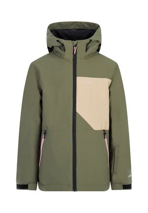 Grüne Winterjacke mit einem beigen Akzent auf der Brust, schwarzen Reißverschlüssen, verstellbarer Kapuze und mit Fleece gefütterten Bündchen. Verfügt über Seitentaschen.