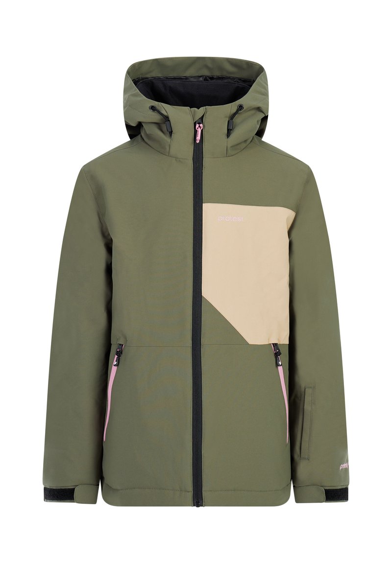 Groene winterjas met een beige accent op de borst, zwarte ritsen, verstelbare capuchon en met fleece gevoerde manchetten. Beschikt over zijzakken.