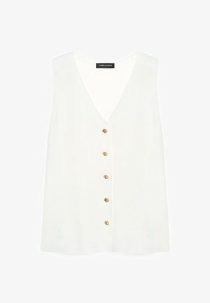 Biała bezrękawnikowa bluzka z dekoltem w serek, z sześcioma małymi złotymi guzikami w kształcie muszli z przodu, oznaczona metką Fiorella Rubino.