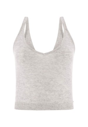 Top tank grigio in maglia con scollatura a V, spalline sottili e orlo a costine. La texture appare morbida e il tessuto è leggero.