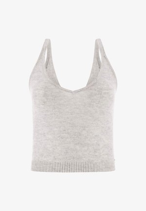 Grijze gebreide tanktop met een V-hals, dunne bandjes en een geribde zoom. De textuur lijkt zacht en de stof is lichtgewicht.