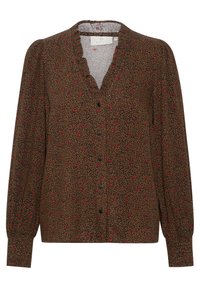 Brown long-sleeve blouse with black buttons, small red floral pattern, ruffled V-neck collar, and fitted cuffs.