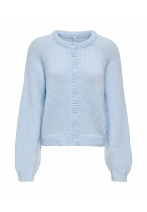 Jasnoniebieski, miękki dzianinowy sweter na guziki, z długimi rękawami, okrągłym dekoltem oraz ściągaczami na mankietach i u dołu.