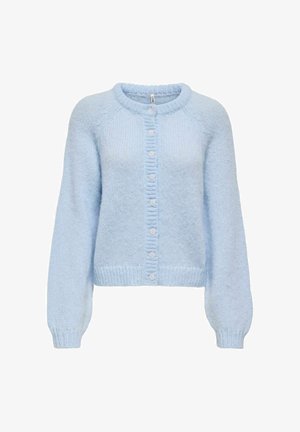 Cardigan en maille flou bleu clair avec manches longues, col rond, boutonnage sur le devant, poignets et ourlet côtelés.