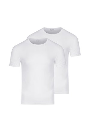 Two plain white short-sleeve crew neck T-shirts, displayed one slightly behind the other, on a white background.
