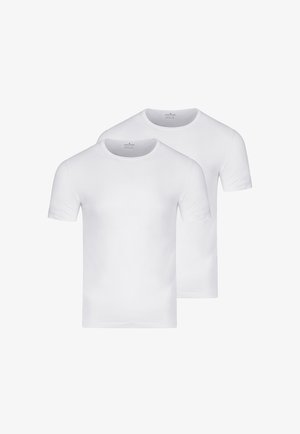 Two plain white short-sleeve crew neck T-shirts, displayed one slightly behind the other, on a white background.