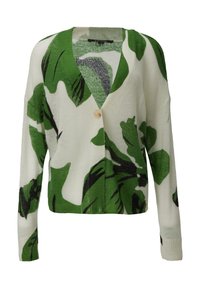 Groene en zwarte gebreide cardigan met een bladdessin, v-hals, ruime pasvorm, enkele knoopsluiting en geribbelde boorden in een zachte, lichte stof.