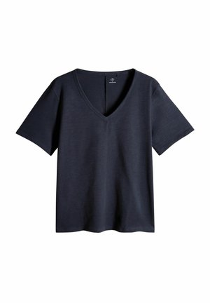 Námořnická modrá T-shirt s véčkovým výstřihem vyrobená z měkké, strukturované látky s krátkými rukávy a uvolněným střihem. Čistý, jednoduchý design bez vzorů.