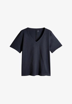 Tumed sinise V-kaelusega T-särk, mis on valmistatud pehmest, tekstuuriga kangast, lühikeste varrukatega ja lõdva säärekujuga. Puhtav viisakas disain ilma mustriteta.