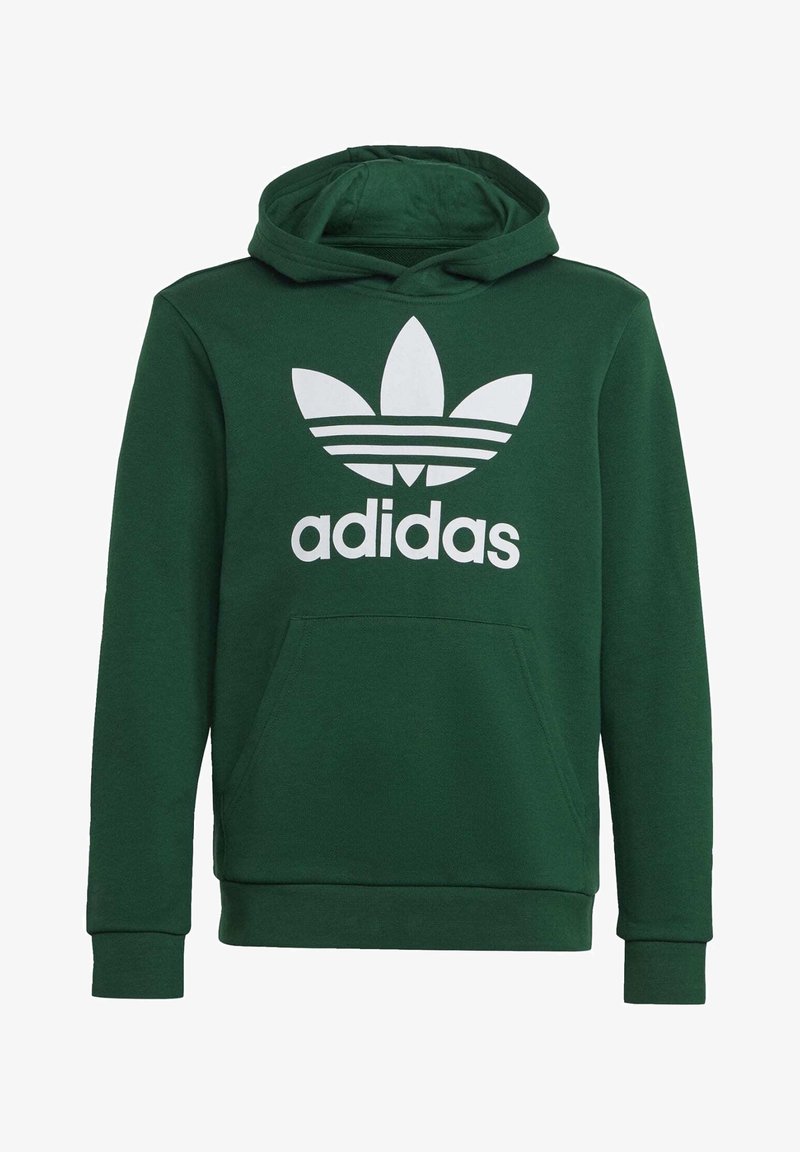 Felpa verde scuro con tasca frontale e grande logo trefoil bianco di Adidas e testo centrato sul petto.