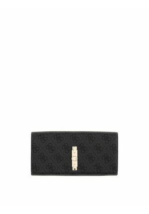 Cartera rectangular negra con patrón texturizado y cierre vertical dorado en el centro sobre fondo blanco.