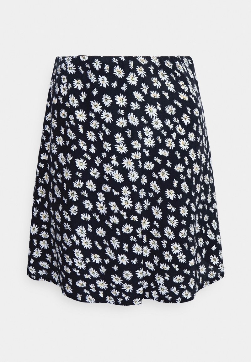 Jupe bleu marine avec motif floral de marguerites blanches, courte et légèrement évasée, présentée sur un fond blanc uni.