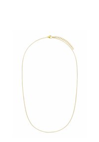 Gouden ketting met een delicate, gladde textuur, voorzien van een karabijnslot en een verstelbare lengte door een schakelaanpassing.