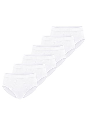 White cotton briefs, soft texture, mid-rise design, featuring a plain waistband and a classic cut. Pack of six.