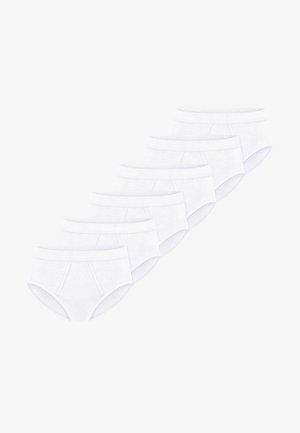 White cotton briefs, soft texture, mid-rise design, featuring a plain waistband and a classic cut. Pack of six.