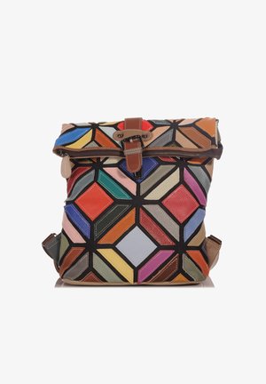 Multicolored geometric patterned backpack made of textured fabric with a brown leather strap and buckle closure. Two shoulder straps.