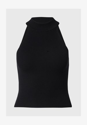 Mustmust välja lõhjendatud tipp kõrge kaelusega ja ümbritsev siluett, valmistatud pehmest tekstureeritud kangast.