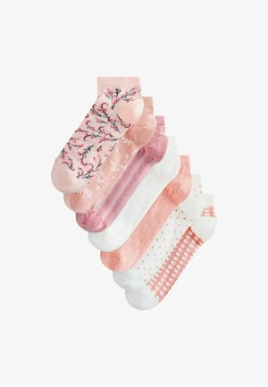Set of six pairs of ankle socks in pink and white. Features floral, polka dot, and grid patterns with varying shades and textures.
