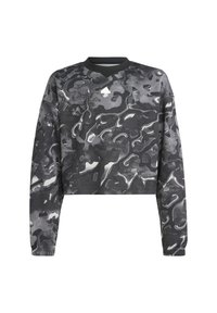 Sudadera corta con patrón de camuflaje en negro y gris. Cuenta con mangas largas y un cuello en negro. Confeccionada con tela suave y texturizada.