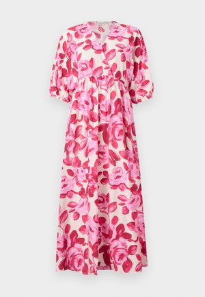 Robe maxi florale en tissu léger, avec un motif de roses roses, décolleté en V, taille cintrée et manches bouffantes avec des poignets élastiques.