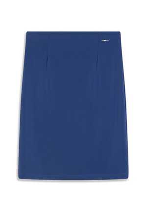 Sininen, polvipituinen hame, jossa on sileä pinta, hienovaraiset laskokset edessä ja pieni metallinen logovivahde sivulla.