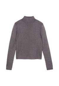 Pull en maille côtelée gris à col roulé, avec des manches longues, à coupe courte et une finition texturée, arborant un éclat subtil.