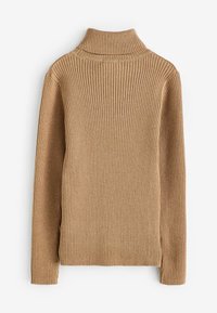 Rippstrick-Turtleneck-Pullover in einem warmen Braunton. Mit hohem Kragen und langen Ärmeln, die ein strukturiertes, gestricktes Design aufweisen.