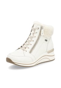 Baskets montantes blanches avec semelle beige, fermeture éclair latérale, lacets beiges et doublure intérieure douce pour temps froid.