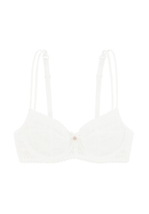 Soutien-gorge en dentelle blanche avec coques moulées, motif floral, nœud décoratif au centre, bretelles ajustables et bords festonnés.